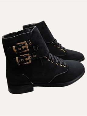 St Sana Radio Black Velvet Gold Buckle Combat Boots 38 NWOB